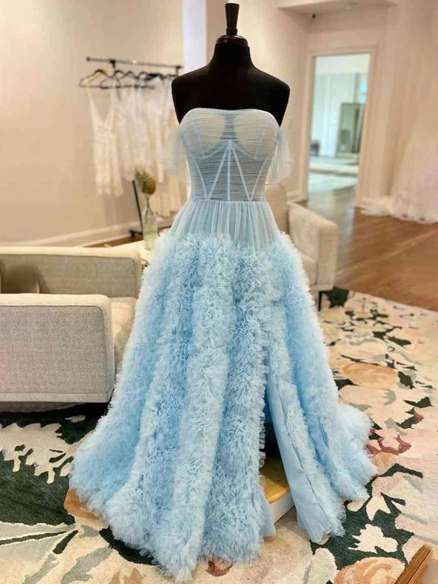 Odelia | Gorgeous A Line Off the Shoulder Long Tulle Prom Dress with Slit - KissProm