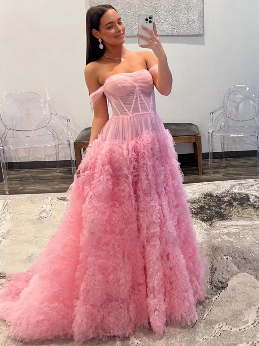 Odelia | Gorgeous A Line Off the Shoulder Long Tulle Prom Dress with Slit - KissProm