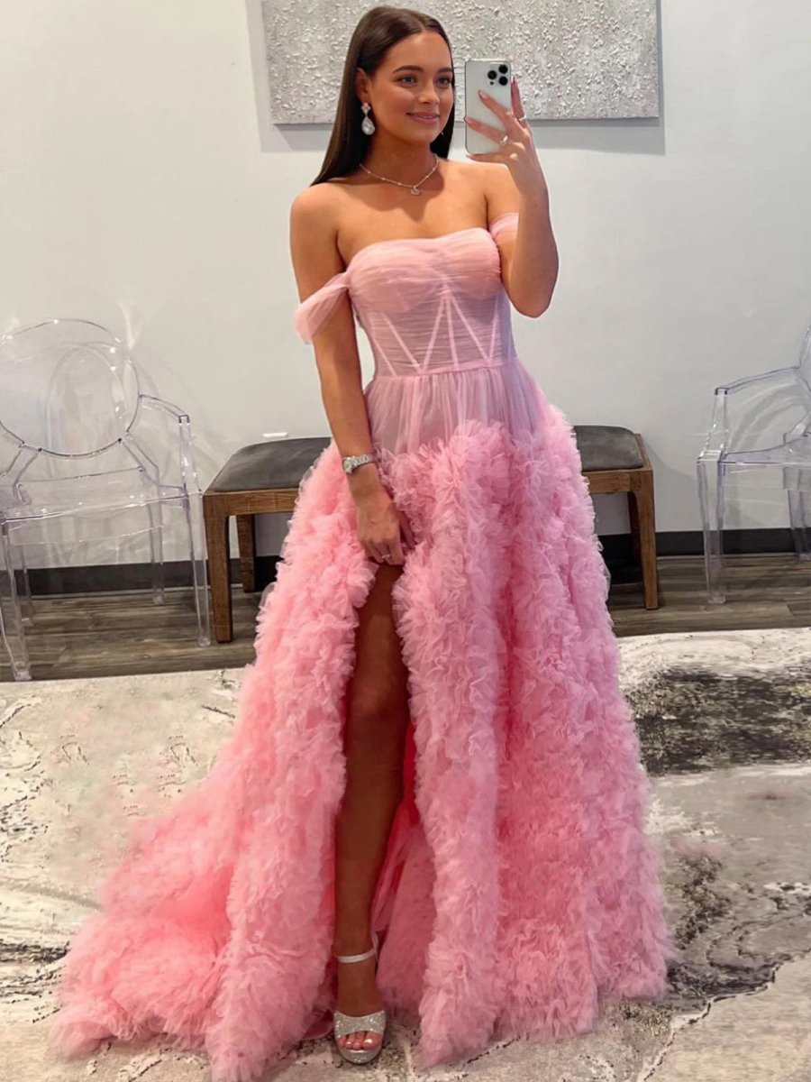 Odelia | Gorgeous A Line Off the Shoulder Long Tulle Prom Dress with Slit - KissProm