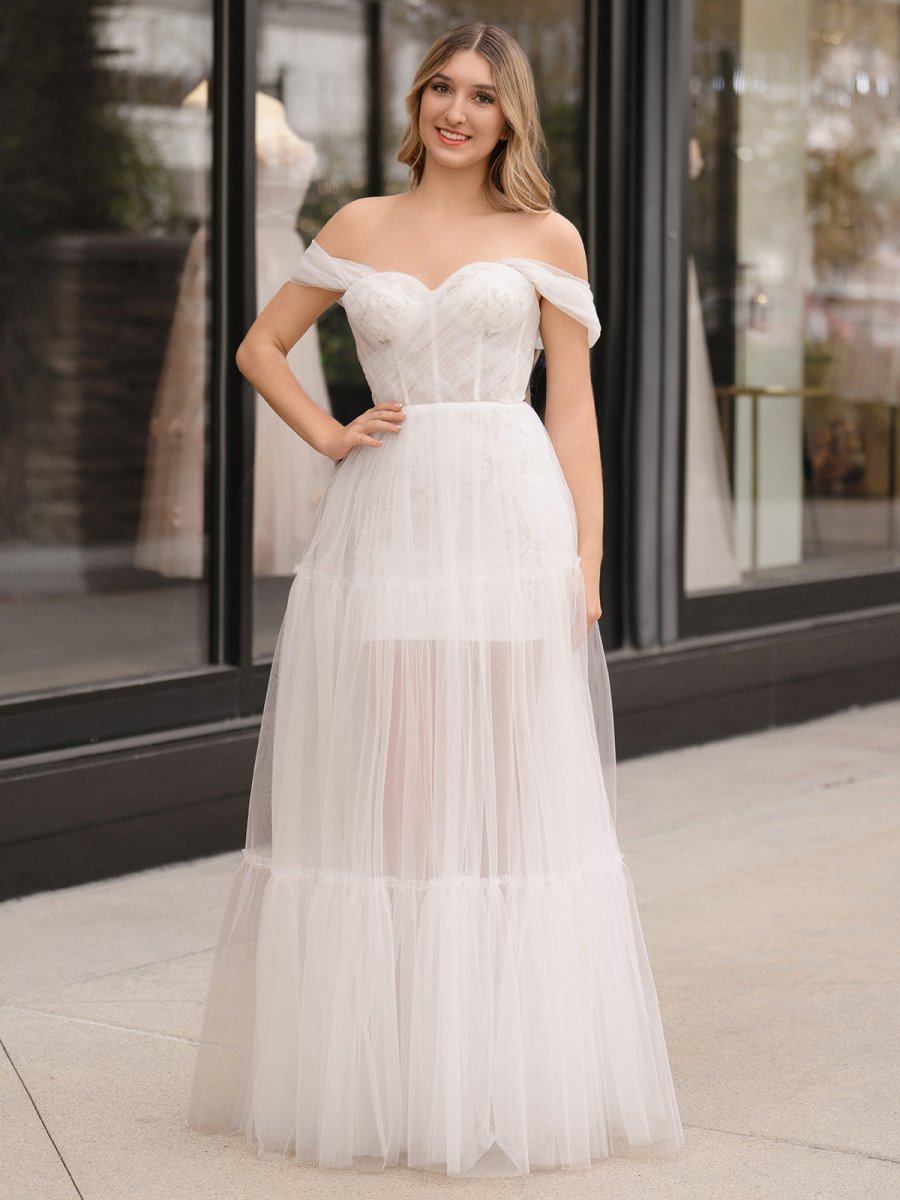 Off Shoulder A - Line Tulle Ivory Prom Dress - KissProm