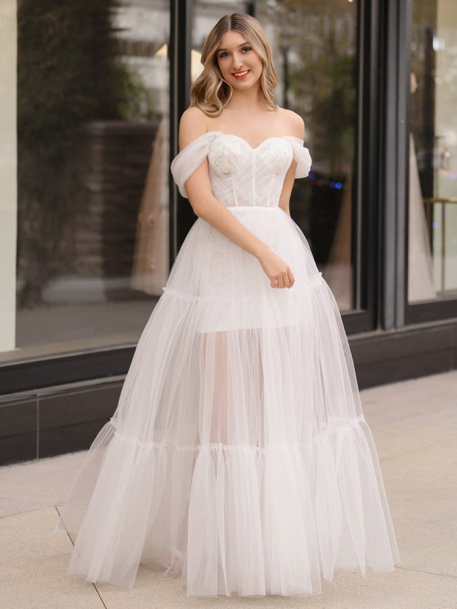 Off Shoulder A - Line Tulle Ivory Prom Dress - KissProm