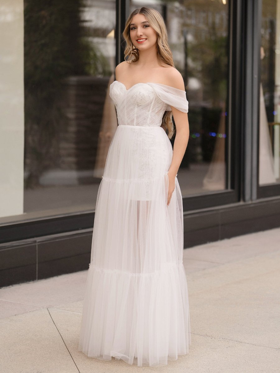 Off Shoulder A - Line Tulle Ivory Prom Dress - KissProm