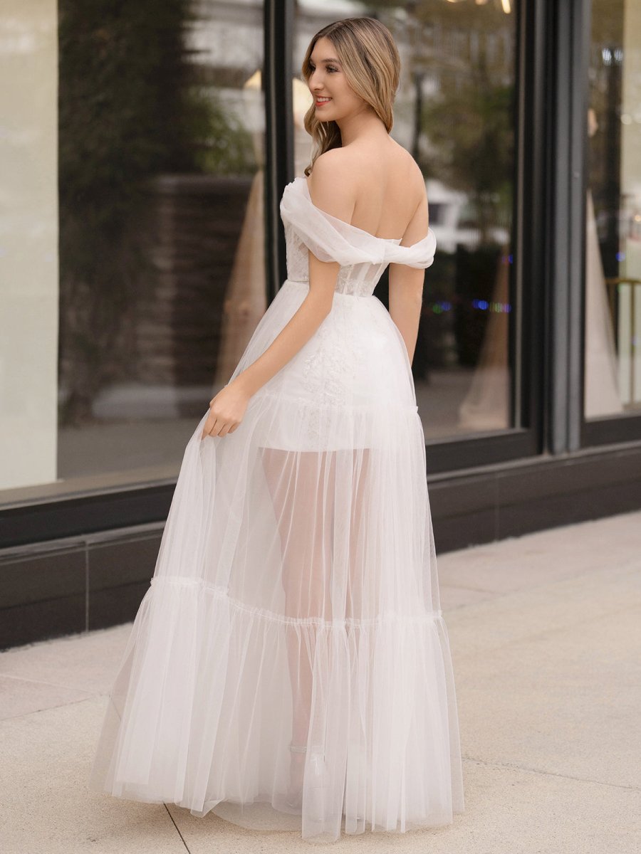 Off Shoulder A - Line Tulle Ivory Prom Dress - KissProm