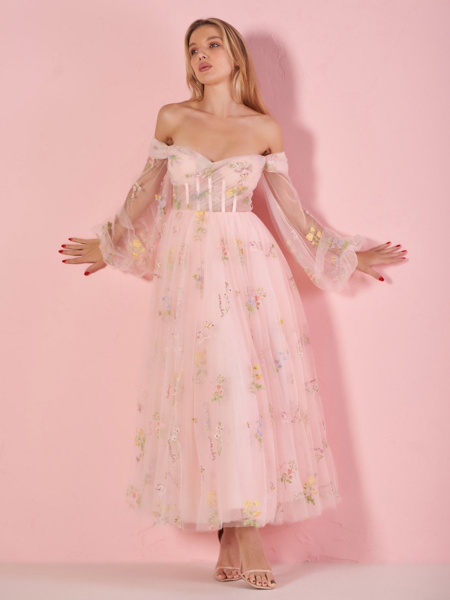 Sweetheart Neck Off the Shoulder Embroidered Tulle Prom Dress - KissProm