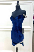 Off the shoulder Beaded Navy Velvet Tight Homecoming Dress - KissProm