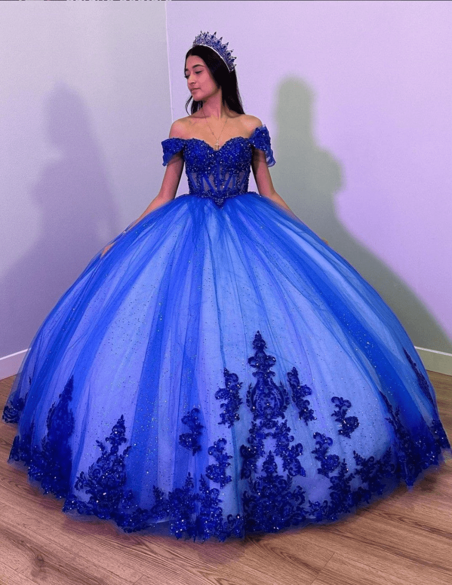 Fiora | Royal Blue Tulle Off the Shoulder Quinceanera Dress - KissProm