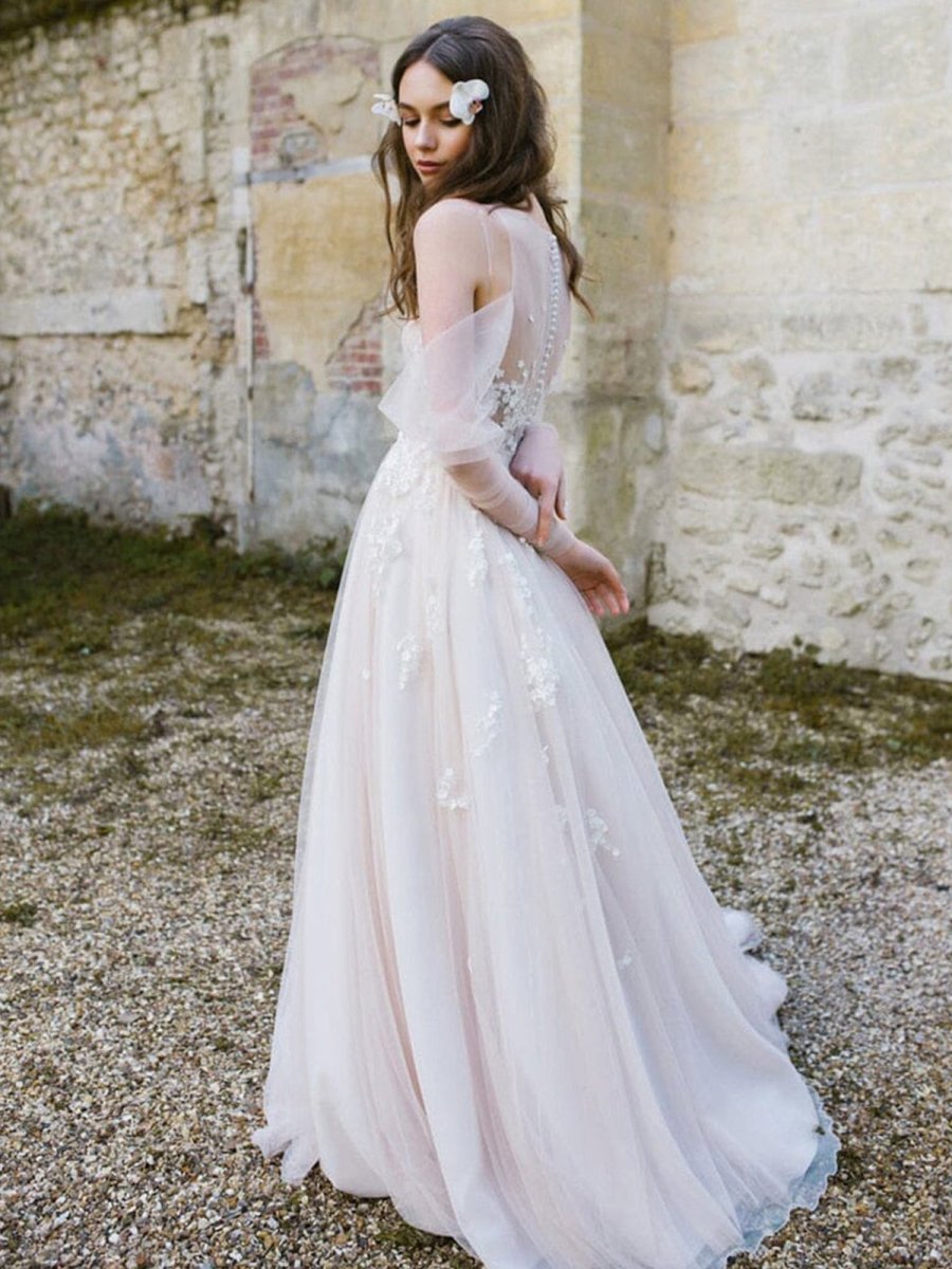 Off - The - Shoulder Tulle Illusion Sleeve Wedding Dress With Appliques - KissProm