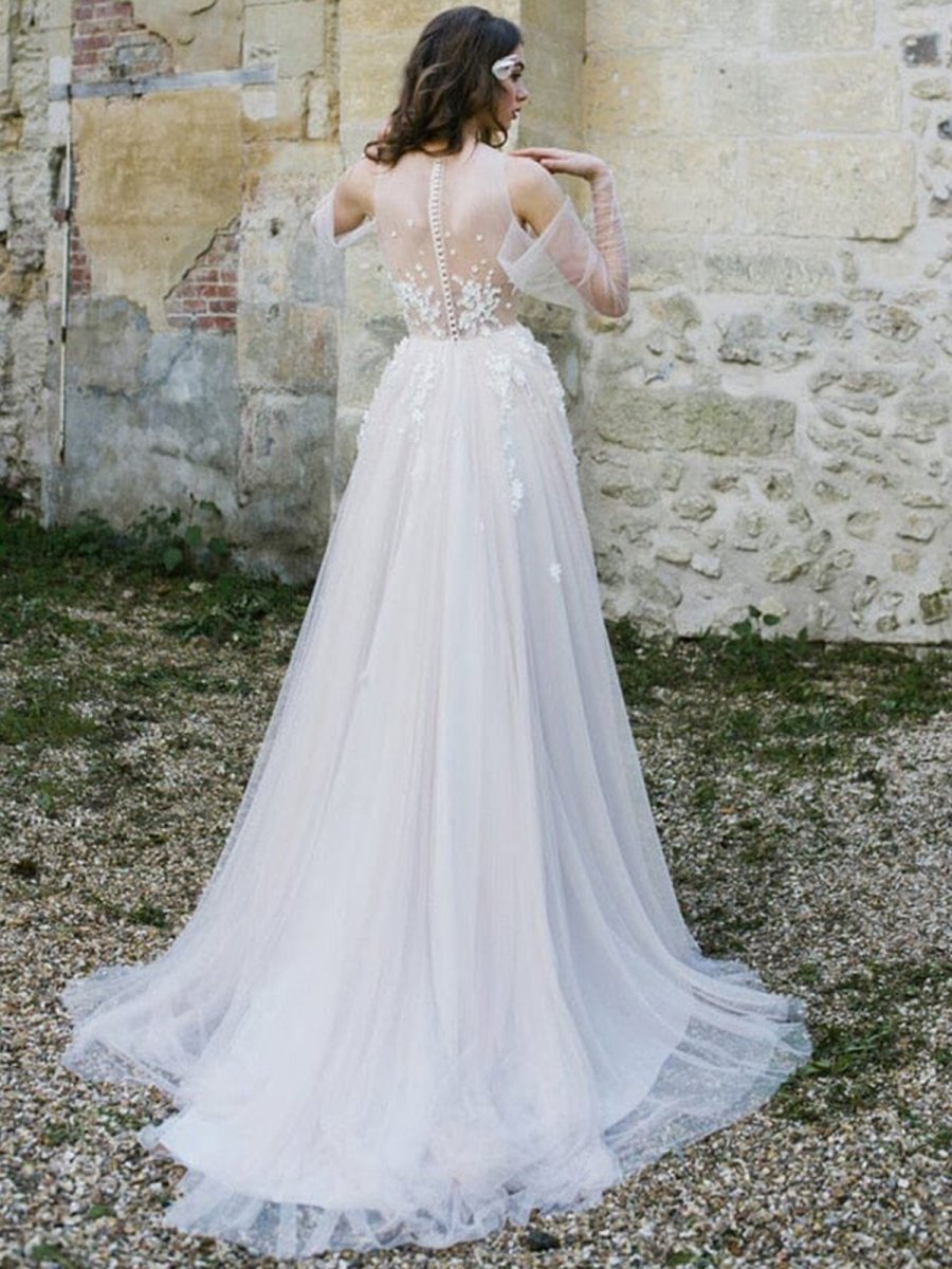 Off - The - Shoulder Tulle Illusion Sleeve Wedding Dress With Appliques - KissProm