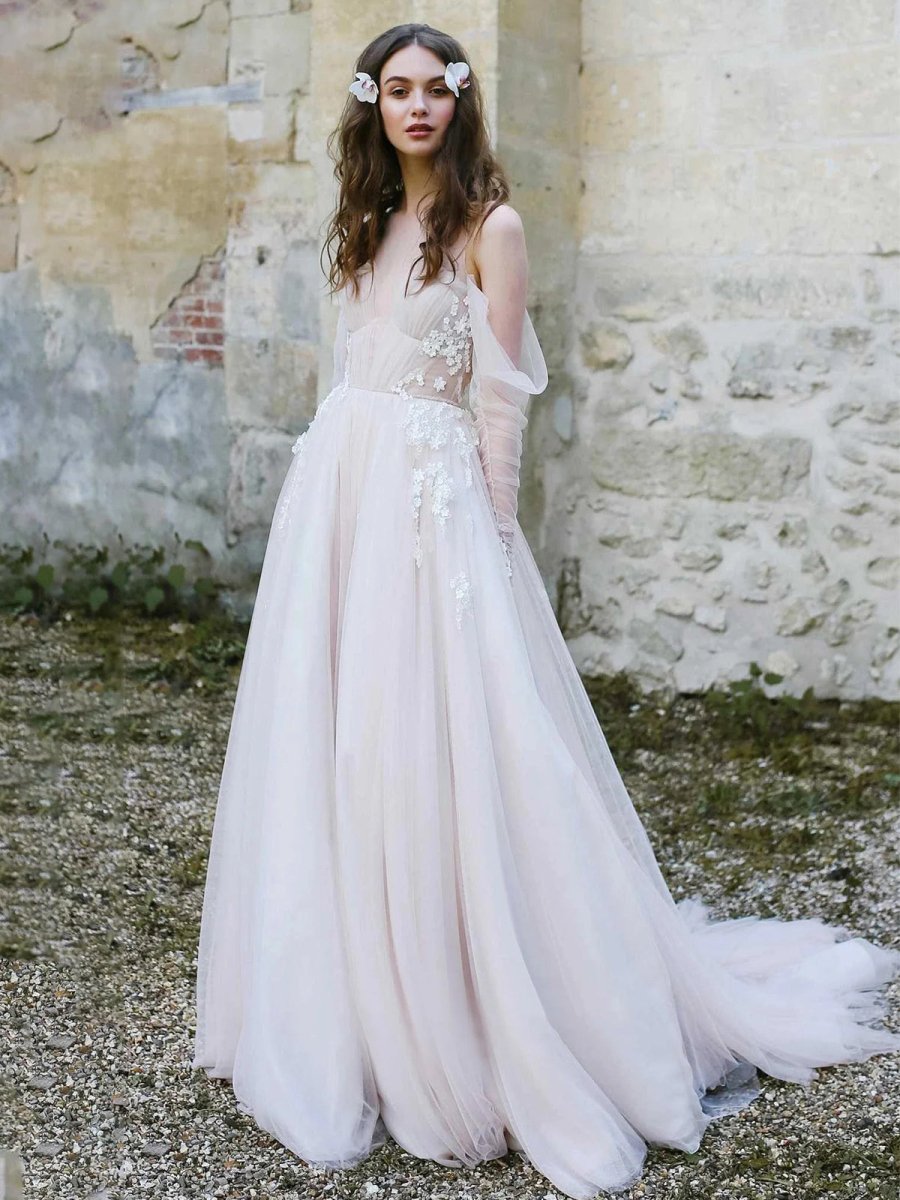 Off - The - Shoulder Tulle Illusion Sleeve Wedding Dress With Appliques - KissProm