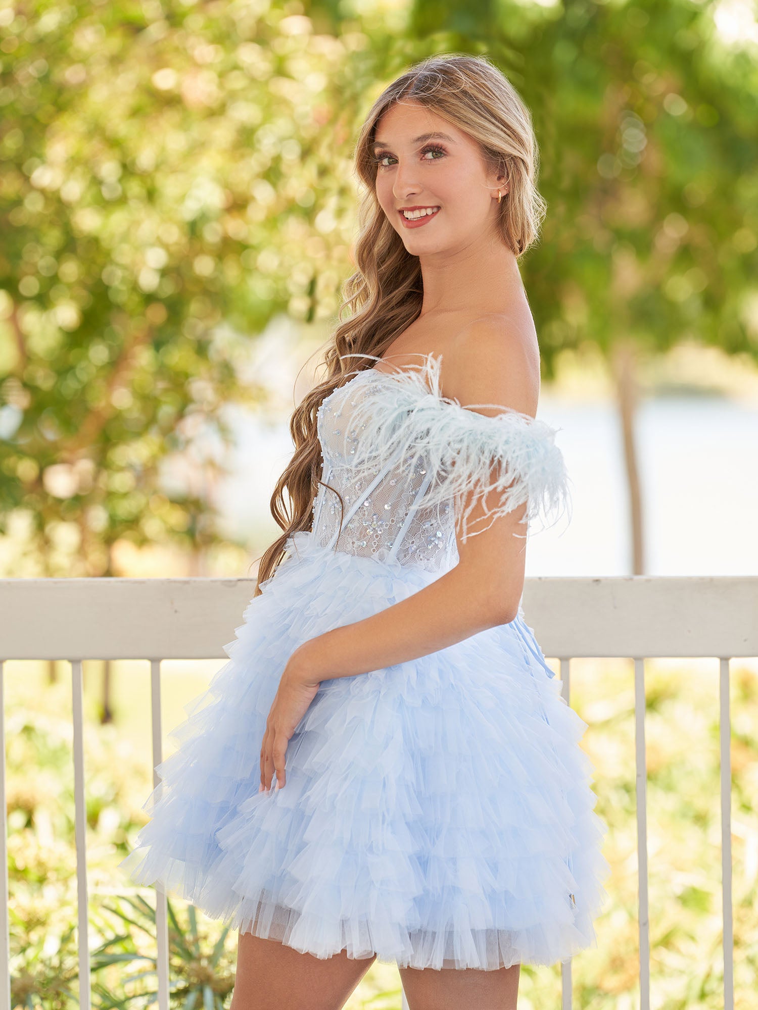 Olivia | A Line Off the Shoulder Sky Blue Homecoming Dress with Feather