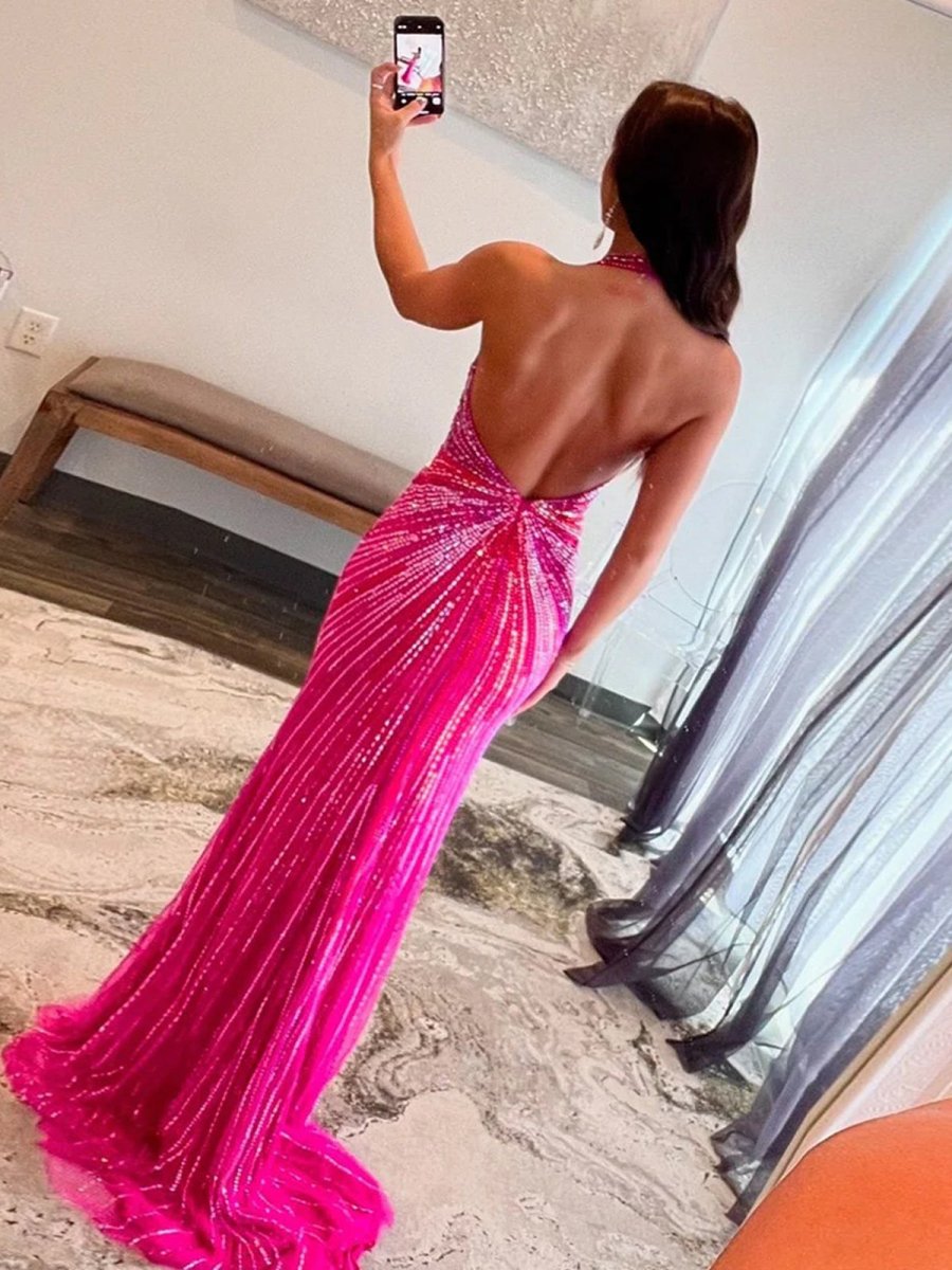 Ollie | Fuchsia Halter Mermaid Beaded Prom Dress With Split - KissProm