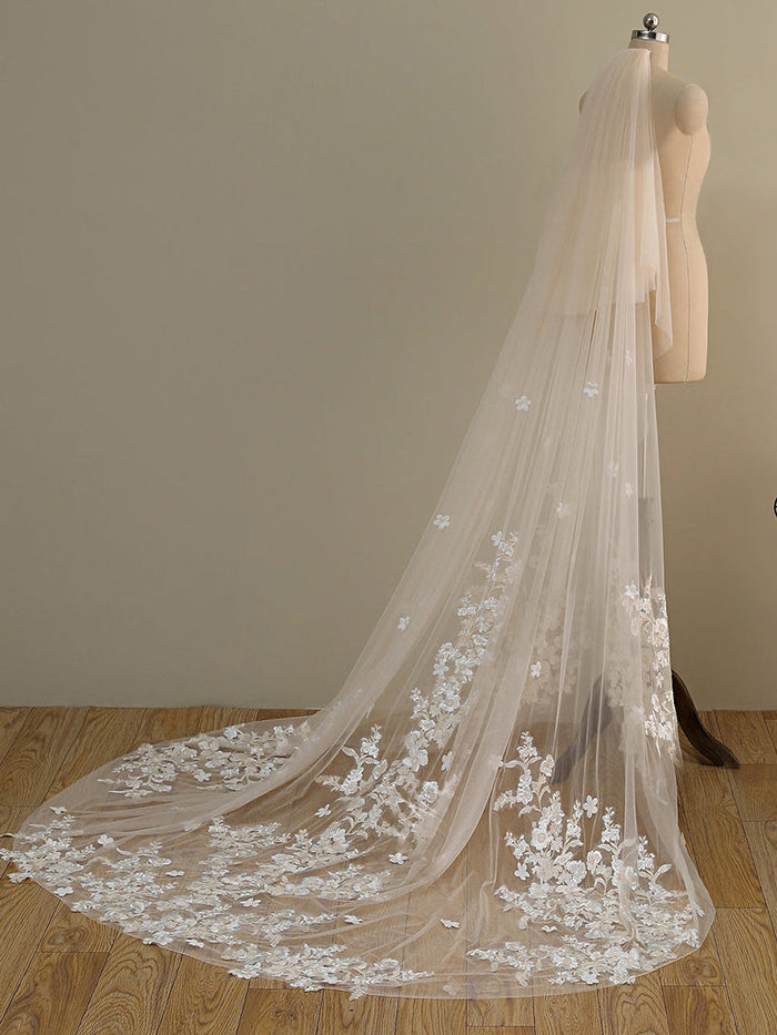 Ombre Champagne Floral Lace Ivory Cathedral Veil with Blusher Bridal V