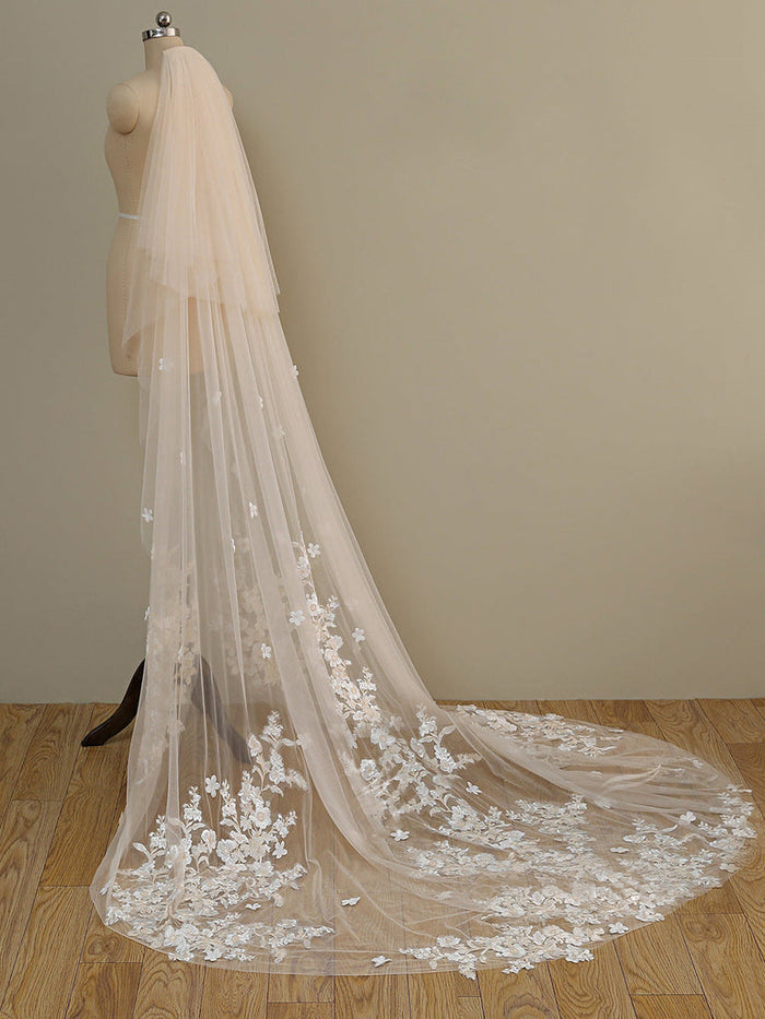 Ombre Champagne Floral Lace Ivory Cathedral Veil with Blusher Bridal V