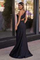 One Shoulder Cut Out Black Prom Dress With Slit - KissProm