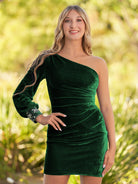 KissProm Sheath One-Shoulder Long Sleeve Homecoming Dress | This dress showcases a chic one-shoulder neckline that gracefully accentuates your neck and shoulder.