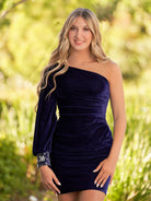 Opal | Navy Blue Sheath One - Shoulder Long Sleeve Homecoming Dress - KissProm