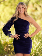 Opal | Navy Blue Sheath One - Shoulder Long Sleeve Homecoming Dress - KissProm