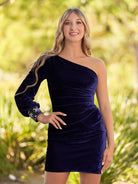 Opal | Navy Blue Sheath One - Shoulder Long Sleeve Homecoming Dress - KissProm