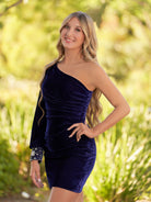 Opal | Navy Blue Sheath One - Shoulder Long Sleeve Homecoming Dress - KissProm