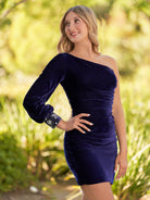 KissProm Sheath One-Shoulder Long Sleeve Homecoming Dress | This dress showcases a chic one-shoulder neckline that gracefully accentuates your neck and shoulder.