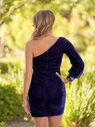 KissProm Sheath One-Shoulder Long Sleeve Homecoming Dress | This dress showcases a chic one-shoulder neckline that gracefully accentuates your neck and shoulder.