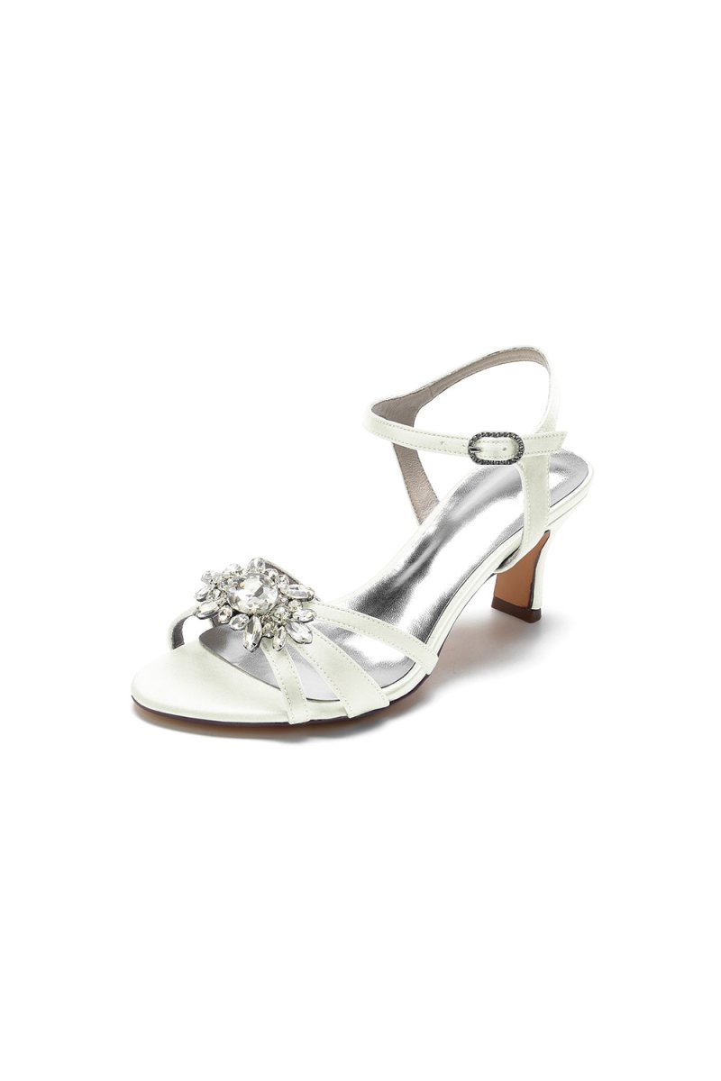 Open Toe Crystal Flower Chunky Heels - KissProm