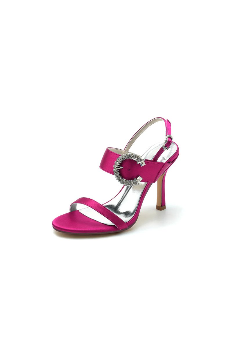 Open Toe Satin Heels with Crystal Buckle - KissProm