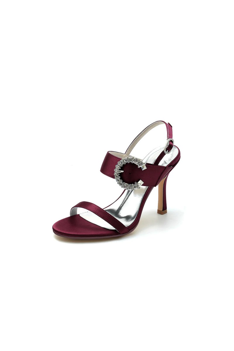 Open Toe Satin Heels with Crystal Buckle - KissProm