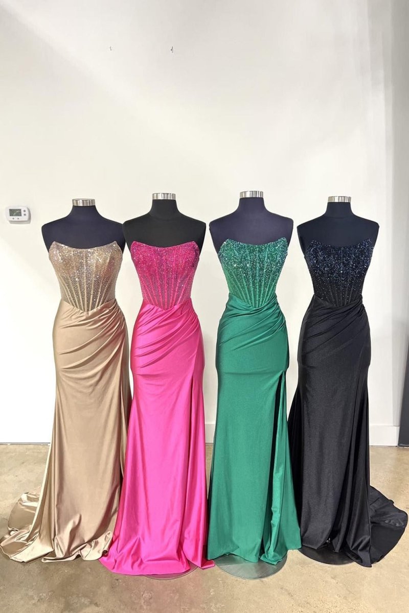 Opheliate | Strapless Mermaid Beaded Long Prom Dress With Slit - KissProm