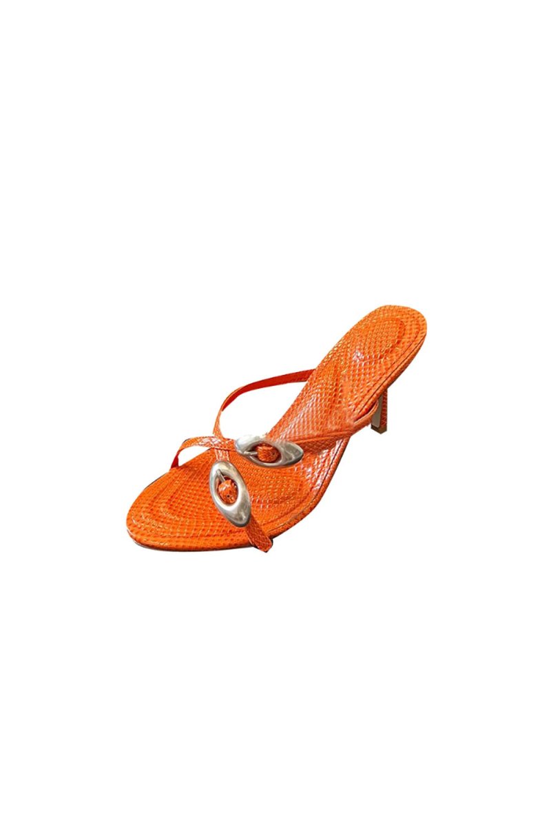 Orange Metal Embellished Mules Sandals - KissProm