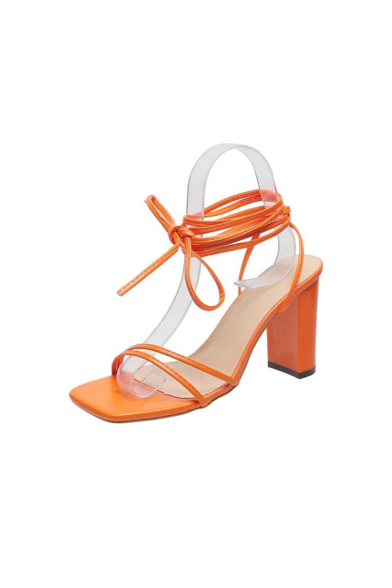 Orange Strappy Block Heeled Sandal - KissProm