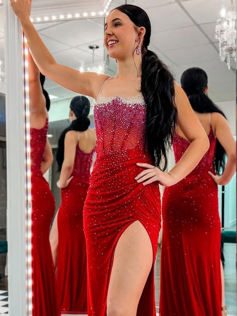 Oriole | Spaghetti Straps Beaded Mermaid Prom Dress with Slit - KissProm