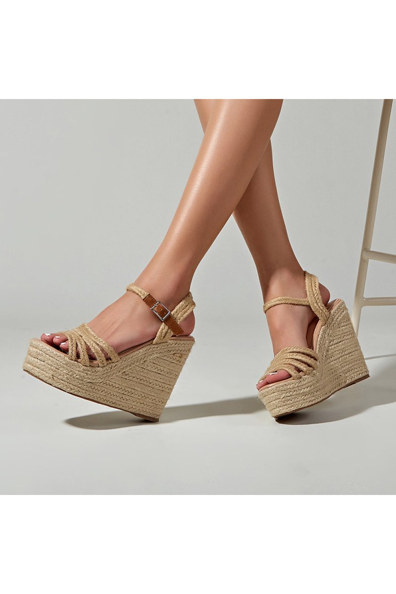 Outdoor Peep Toe Wedge Heel Shoes With Buckle Braided Strap - KissProm