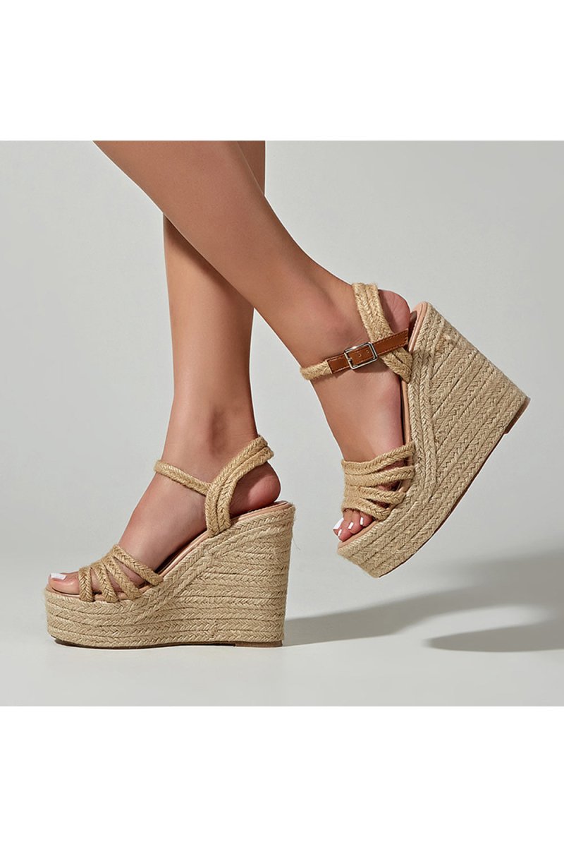 Outdoor Peep Toe Wedge Heel Shoes With Buckle Braided Strap - KissProm