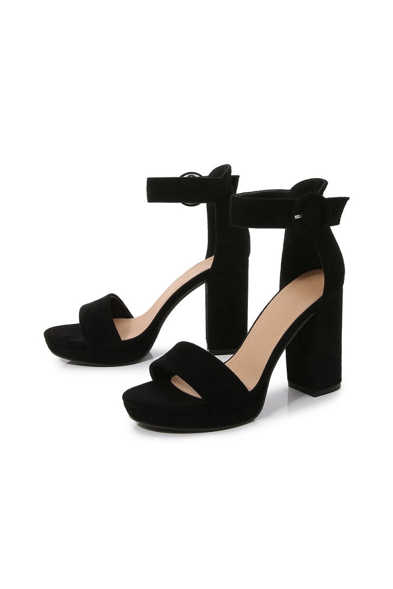 Outdoor Suede Peep Toe Chunky Heel Shoes With Buckle Ankle Strap - KissProm