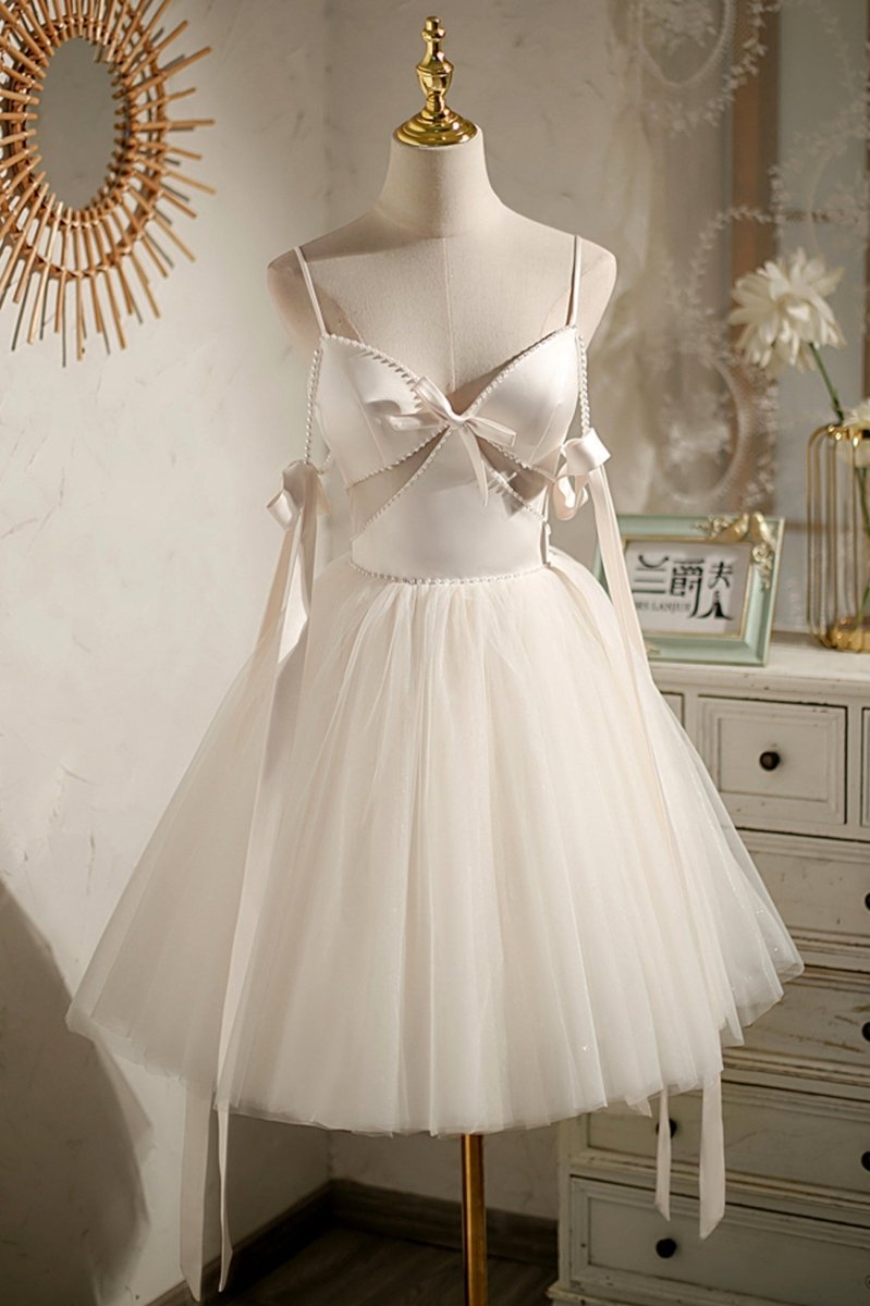 Estrella | Champagne Spaghetti Straps V - Neck Tulle Short Homecoming Dress with Bow - KissProm