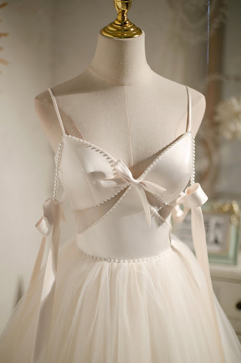 Estrella | Champagne Spaghetti Straps V - Neck Tulle Short Homecoming Dress with Bow - KissProm