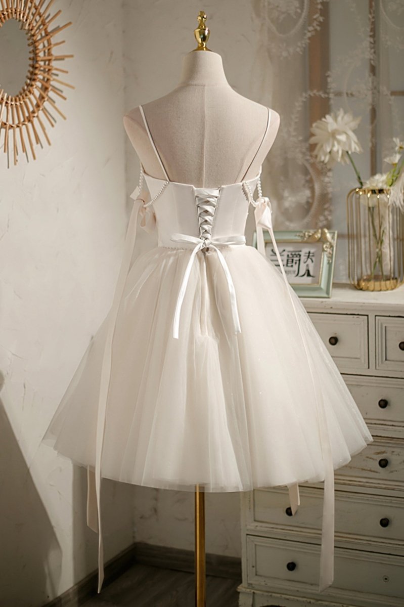 Estrella | Champagne Spaghetti Straps V - Neck Tulle Short Homecoming Dress with Bow - KissProm