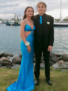 Palmyra | Mermaid V Neck Blue Satin Cut - out Waist Prom Dresses - KissProm