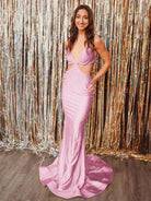 Palmyra | Mermaid V Neck Blue Satin Cut - out Waist Prom Dresses - KissProm