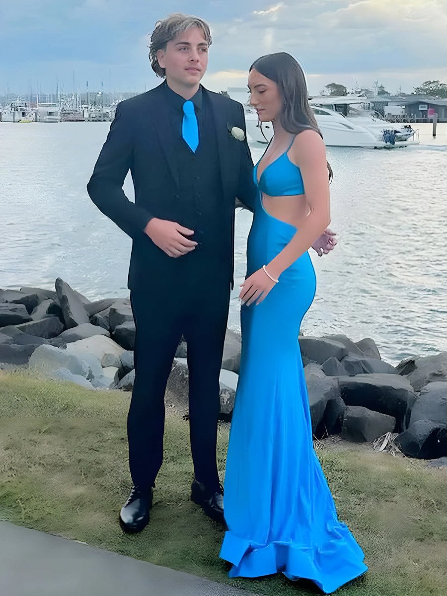 Palmyra | Mermaid V Neck Blue Satin Cut - out Waist Prom Dresses - KissProm