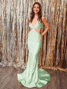 Palmyra | Mermaid V Neck Blue Satin Cut - out Waist Prom Dresses - KissProm