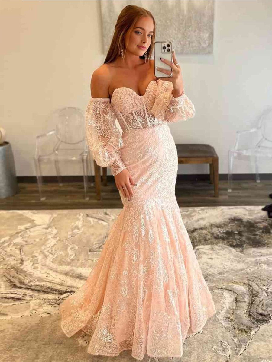 Peach Sweetheart Sheer Lace Corset Mermaid Prom Dress - KissProm