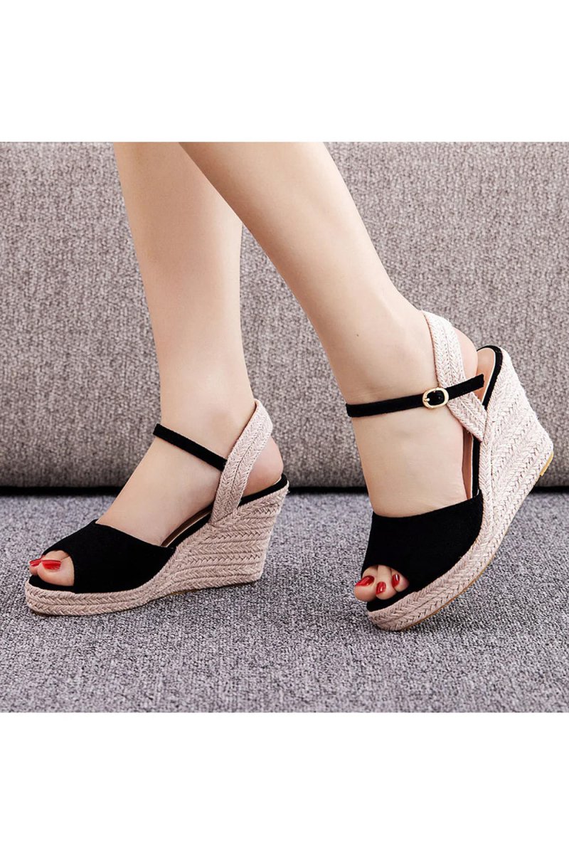 Peep Toe Espadrille Buckle Strap Wedge Sandals - KissProm