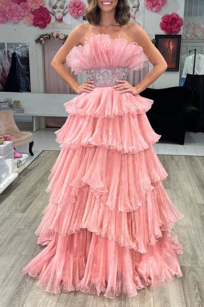 Peyton | A Line Strapless Long Prom Dress with Ruffles - KissProm