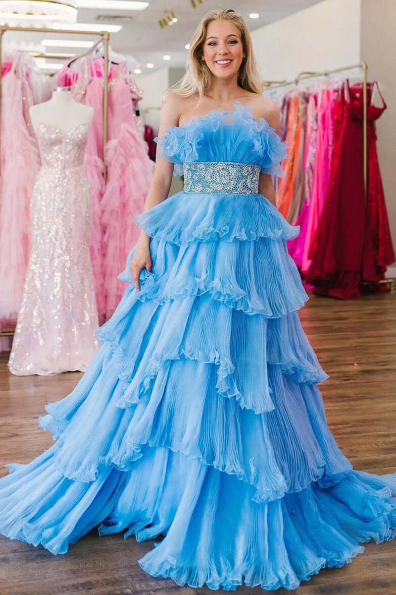 Peyton | A Line Strapless Long Prom Dress with Ruffles - KissProm