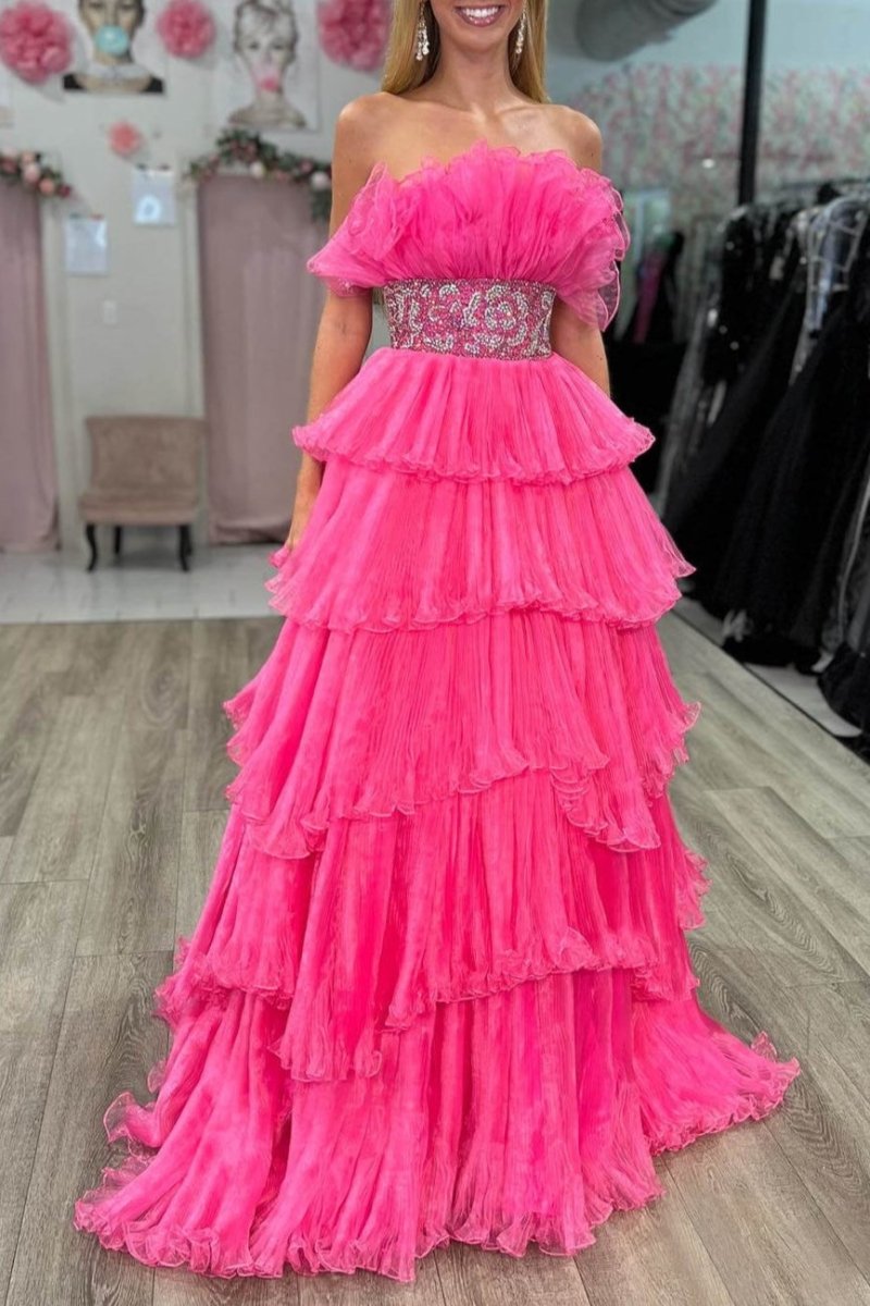 Peyton | A Line Strapless Long Prom Dress with Ruffles - KissProm