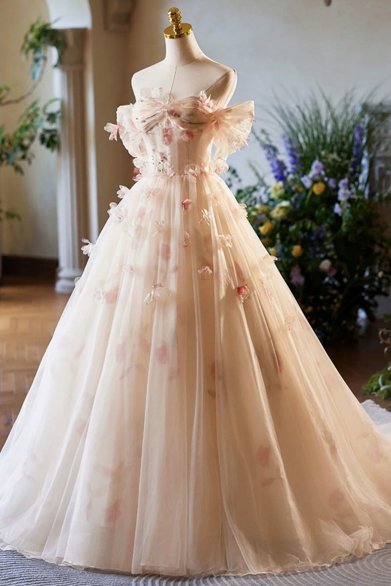 Phebian | Champagne Off the Shoulder Tulle Floral Floor Length Long Prom Dresses - KissProm