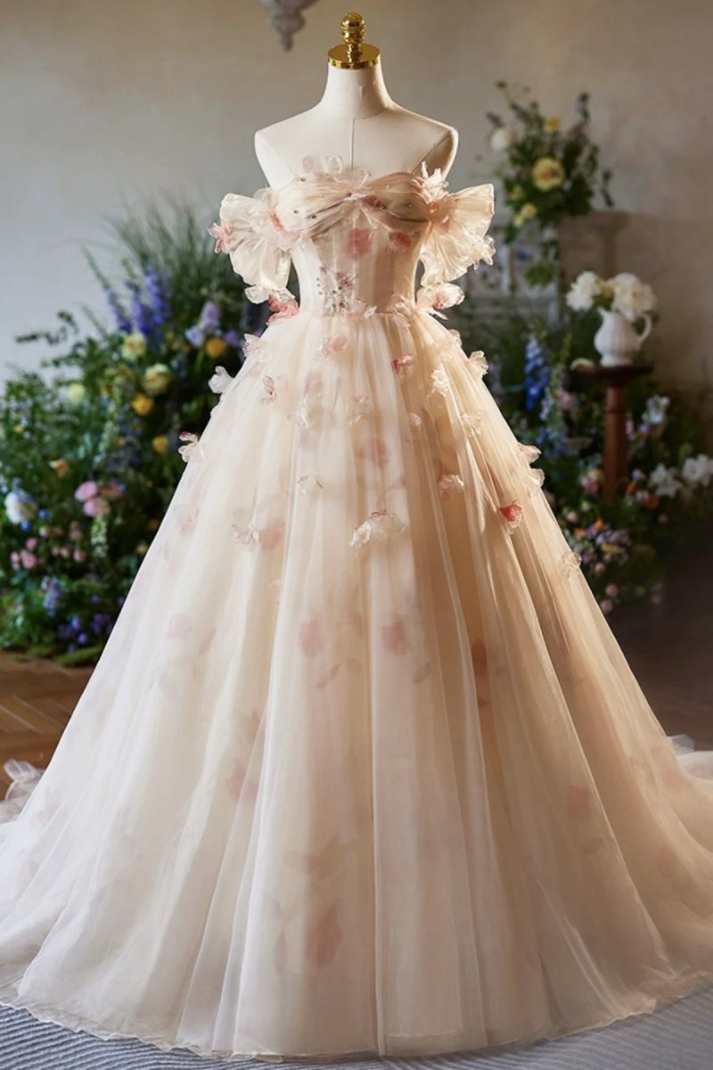 Phebian | Champagne Off the Shoulder Tulle Floral Floor Length Long Prom Dresses - KissProm