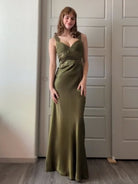 Philomena | Olive Green Sheath Satin Beaded Long Prom Dresses - KissProm